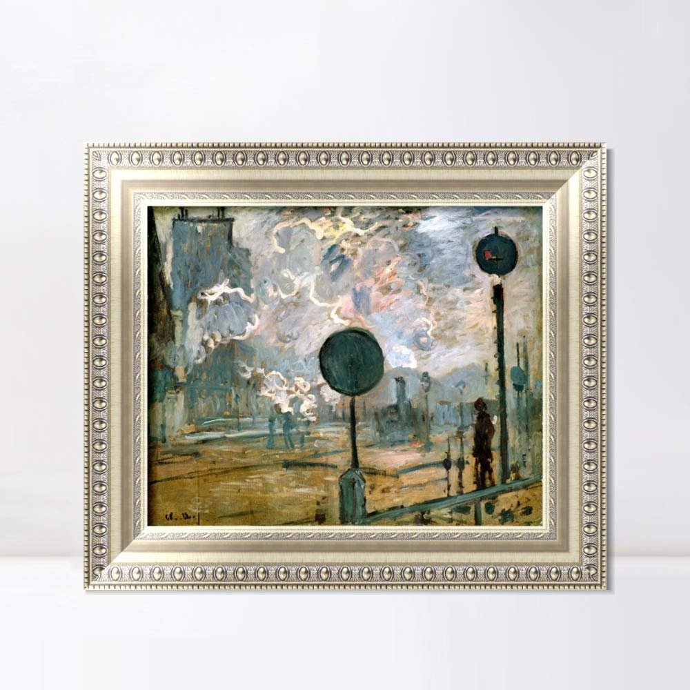 INVIN ART Framed Canvas Art Giclee Print Exterior of Saint-Lazare Station (The Signal) (1877) by Claude Monet Wall Art Living Room Home Office Decorations(European Style Silver Frame,20"x24")