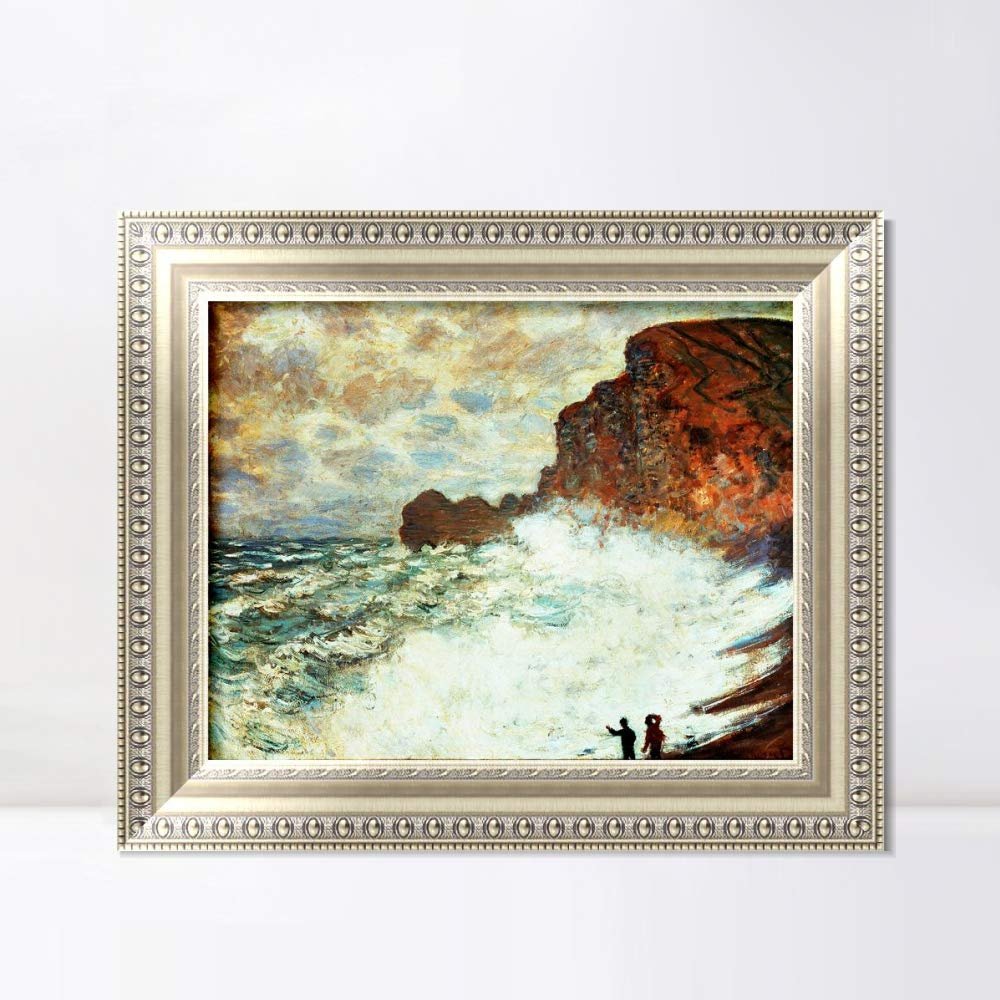 INVIN ART Framed Canvas Art Giclee Print Stormy Weather at tretat (1883) by Claude Monet Wall Art Living Room Home Office Decorations(European Style Silver Frame,20"x24")
