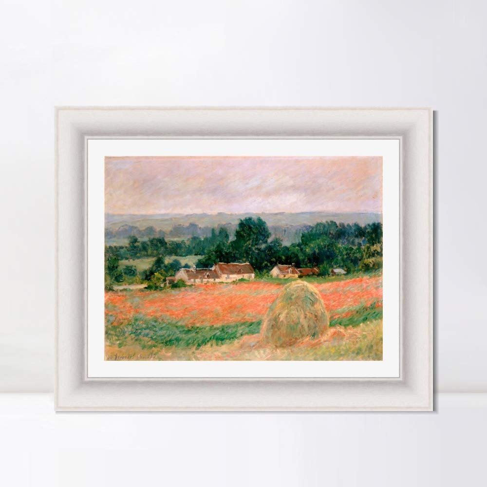 INVIN ART Framed Canvas Art Giclee Print Haystack at Giverny, 1886 by Claude Monet Wall Art Living Room Home Office Decorations(Modern Simple White Frame with Mat,20"x24")