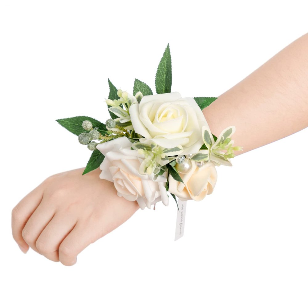 Ling's moment 6pcs Wedding Wrist Corsage Artificial Flowers, Girl/Mother Homecoming Prom Corsages Wristlet Dcor, etc. White Ivory