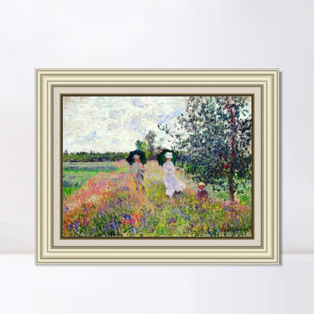 INVIN ART Framed Canvas Art Giclee Print The Promenade near Argenteuil, 1873 by Claude Monet Wall Art Living Room Home Office Decorations(Beige Color Frame with Linen Liner,20"x24")