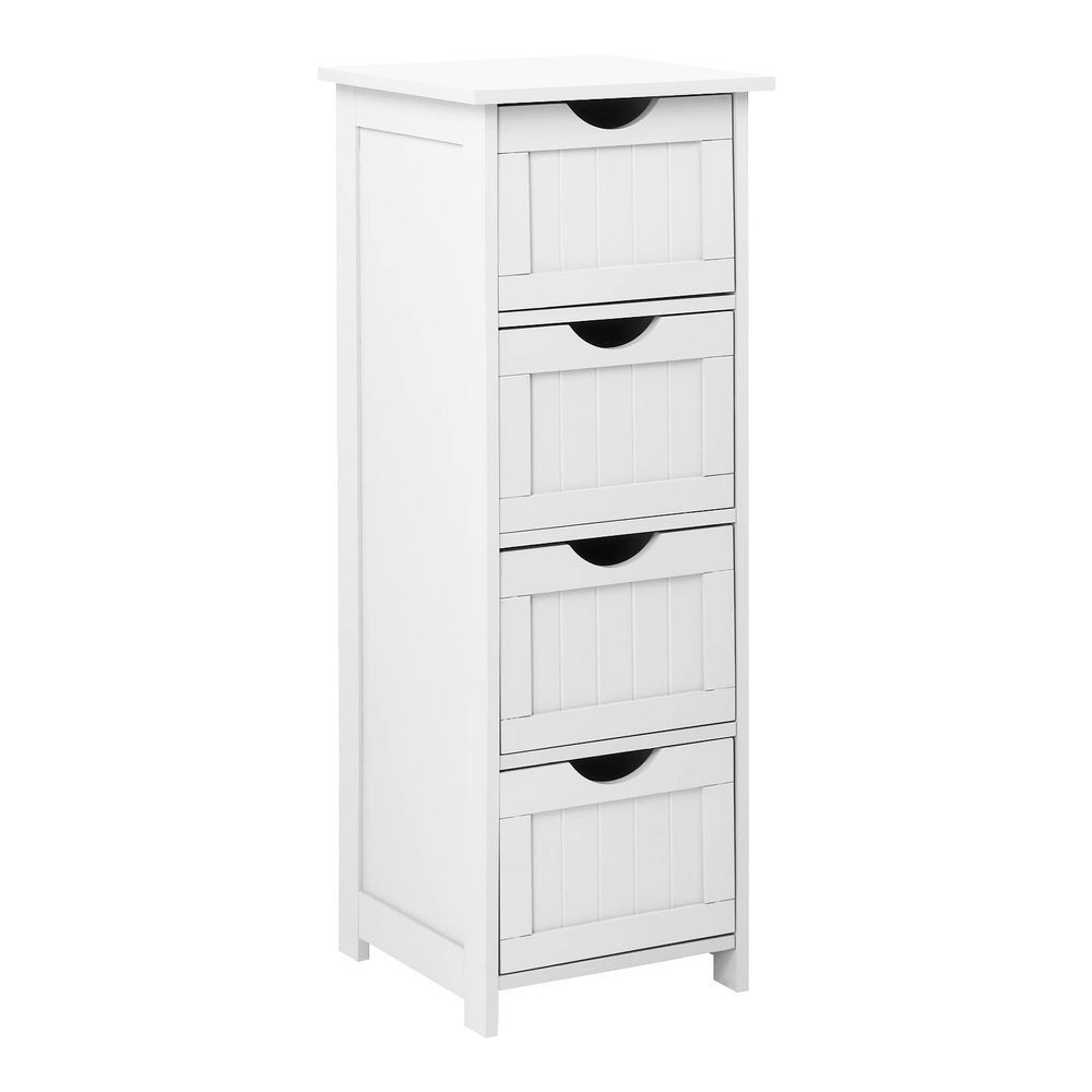 Bonnlo Bathroom Storage Cabinet Skinny Wooden Side Bathroom with 4 Drawers Small Free Standing Floor Cabinet White Slim 12 Inch Wide Organizer for Bedroom Living Room, 12 Inch Deep Narrow Organizer