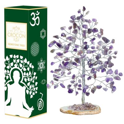Crocon Amethyst Gemstone Money Tree Agate Slice Base Gifts for Women Men Family Feng Shui Figurine Reiki Healing Crystals Chakra Balancing Good Luck Ornament Sculpture Mystical Home Decoration, 7"