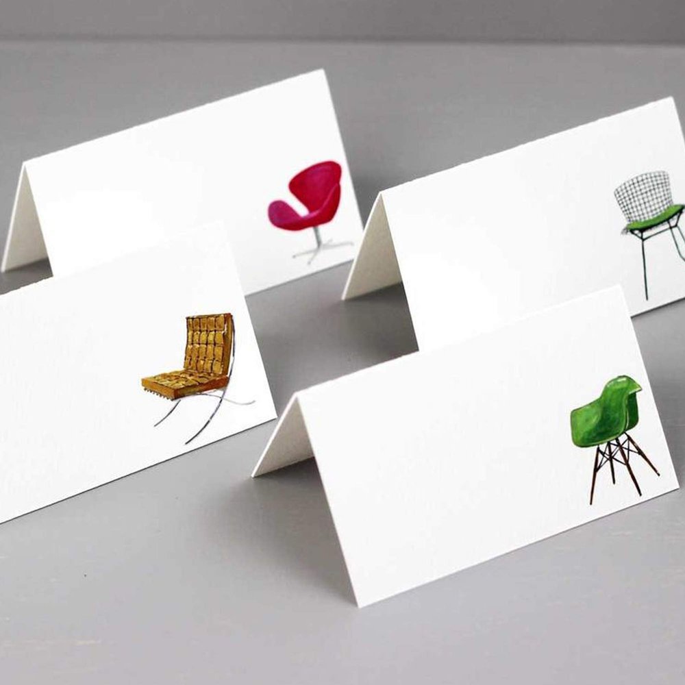 Place Cards with Mid Century Modern Iconic Design Chairs for Dinner Parties, House Warming and Special Events. Table Tent Style, Scored for easy folding. Available in Pkgs of 12 / 24 / 36 (36)