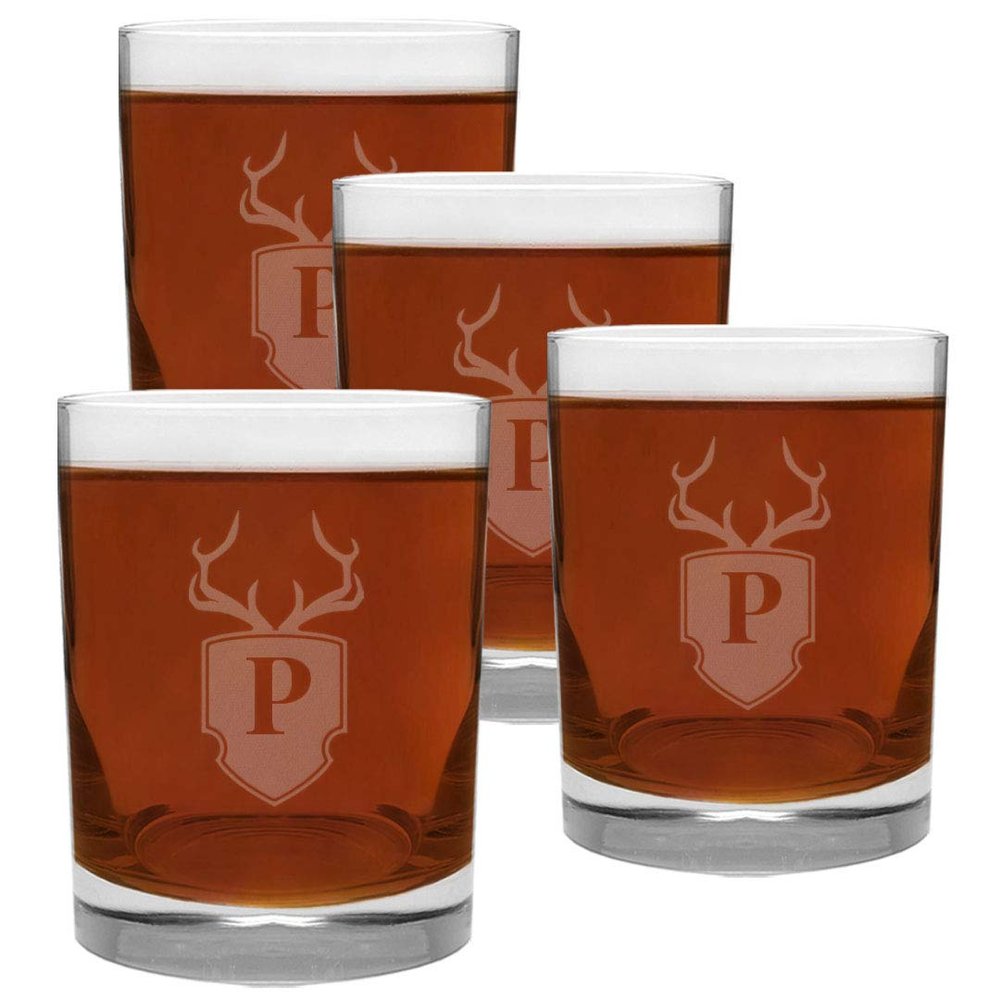 4 Piece Glass Set Engraved with Antler and Shield P-Letter Monogram, 13.5-Ounce