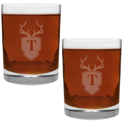 2 Piece Glass Set Engraved with Antler and Shield T-Letter Monogram, 13.5-Ounce