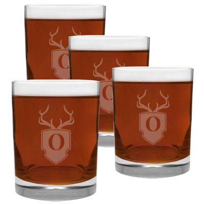 4 Piece Glass Set Engraved with Antler and Shield O-Letter Monogram, 13.5-Ounce