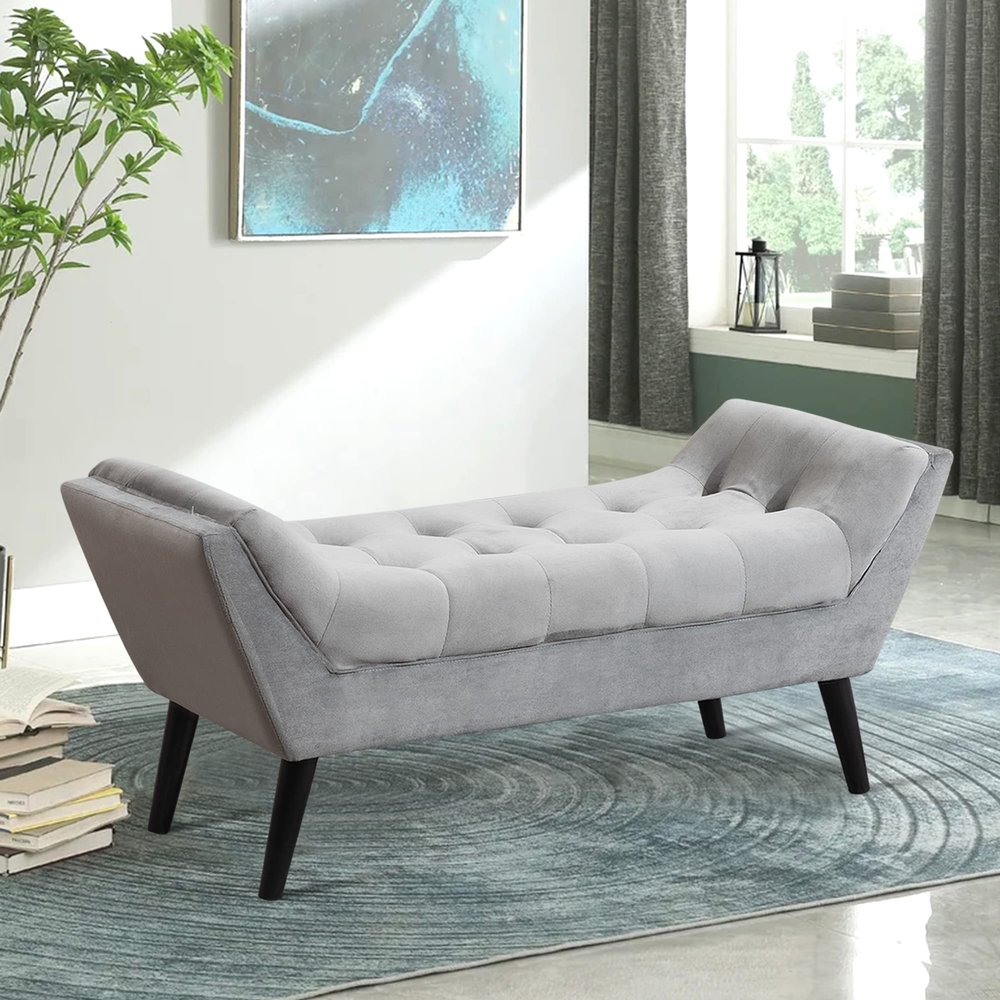 Apeaka Velvet Upholstered Tufted Ottoman Bench Bed Bench Modern Accent Bench for Entryway Bedroom Living Room Gray with Wood Legs