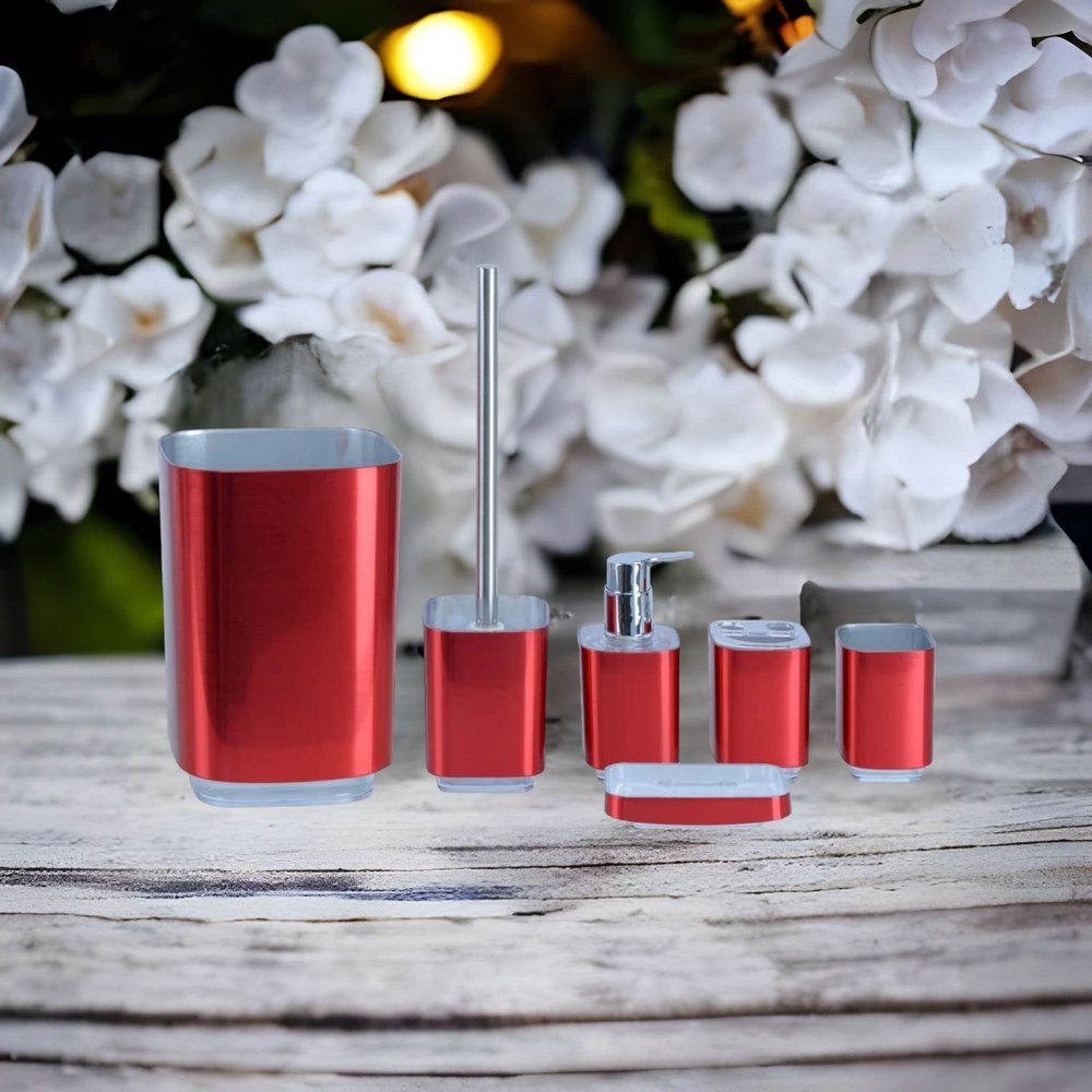 BH Home 6-Piece Glossy Bathroom Accessories Set. Made of 100% Polyresin (Red)