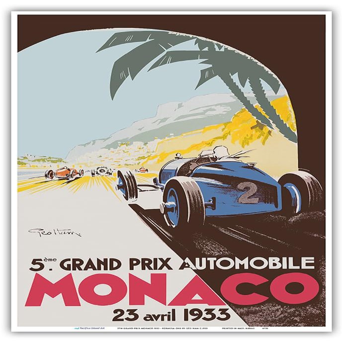5th Grand Prix Monaco 1933 - Auto Racing - Vintage Sports Poster by Go Ham (Georges Hamel) c.1933 - Master Art Print (Unframed) 13in x 19in