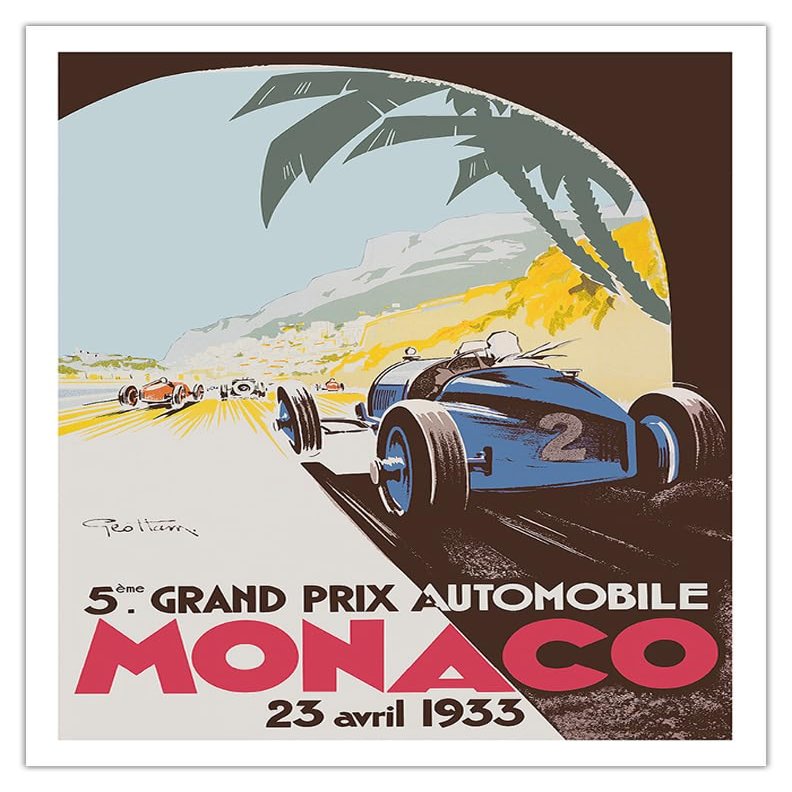5th Grand Prix Monaco 1933 - Auto Racing - Vintage Sports Poster by Go Ham (Georges Hamel) c.1933 - Fine Art Matte Paper Print (Unframed) 11x14in