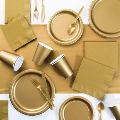 Gold Party Decorations, Color Disposable Plates, Napkins, Cups, and Cutlery for 24 People, Box of 245 Pieces