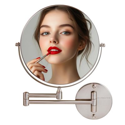 OVENTE 9" Wall Mounted Makeup Mirror with 1X/10X Magnification, Double Sided Magnifying Round Bathroom Vanity Mirror, 360 Swivel Design, Extendable and Folding Arm, Nickel Brushed MNLFW90BR1X10X
