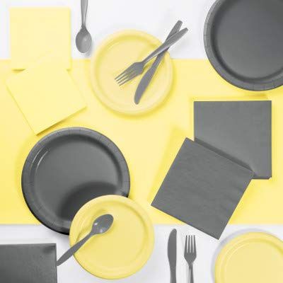 Mimosa Yellow and Gray Party Decorations, Color Disposable Plates, Napkins, Cups, and Cutlery for 24 People, Box of 245 Pieces