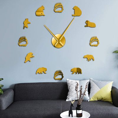The Geeky Days Black Bear Family Silhouette Wall Art Acrylic Stickers Silent Quartz Big Wall Clock Woodland Nursery Decor Frameless Giant Wall Watch Animal Lover Decor (Gold)