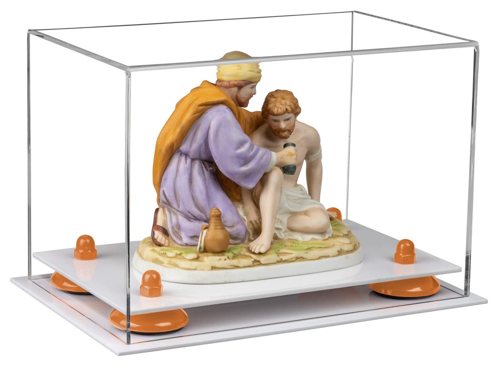 Better Display Cases Versatile Acrylic Clear Display Case - Small Rectangle Box with Orange Risers and White Base 9.5" x 6" x 6.5" (A005-OR)