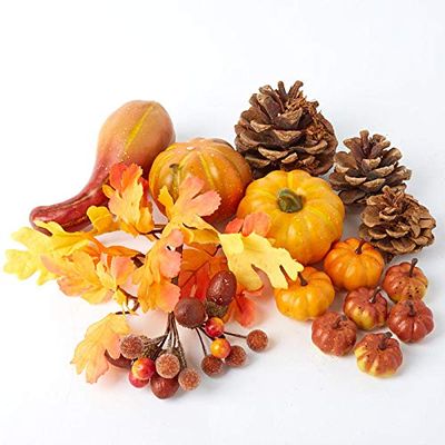 Factory Direct Craft Assorment of Faux Fall Leaves, Pumpkins, Gourds and Natural Pinecones for Autumn and Thanksgiving Decorations