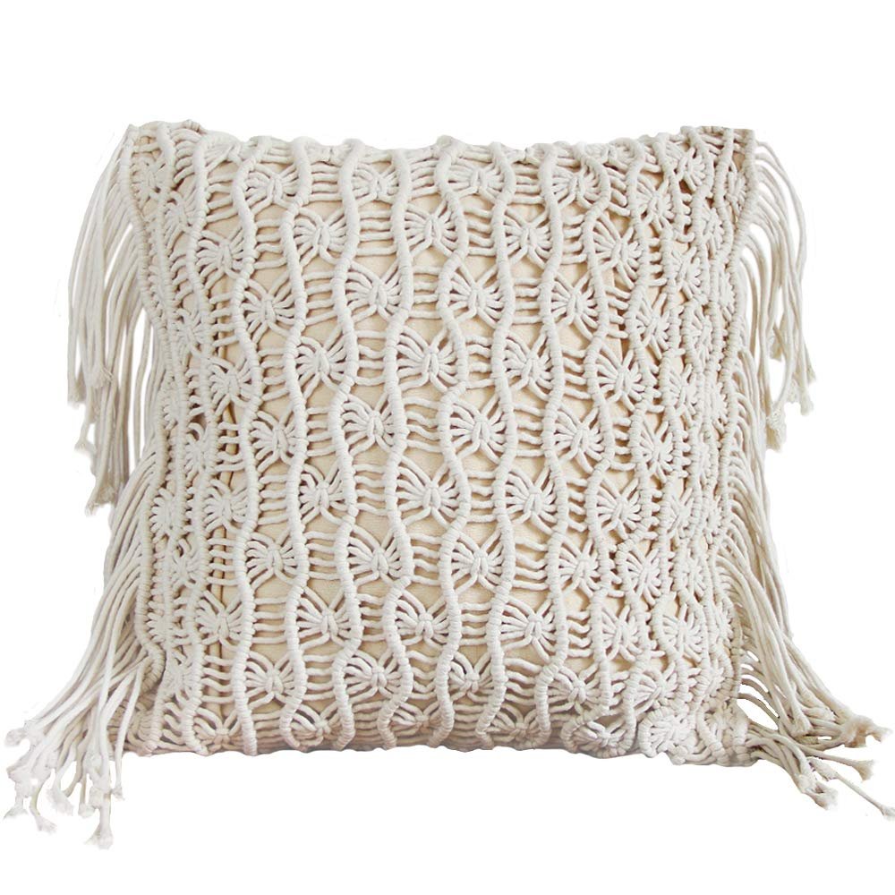 18'' Handwoven Macrame Rope Throw Pillow Cover Case Tassel Knitted Decorative Square Cushion Case Pillowcase for Sofa Bedroom Car Couch Chair,Bohemian Style Home Decor (E 18x18'')