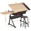 Yaheetech Height Adjustable Drafting Table Drawing Table Artist Desk Tilting Tabletop Art Craft Desk Watercolor Paintings Sketching Work Station w/2 Storage Drawers and Stool for Home Office view 3