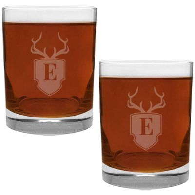 2 Piece Glass Set Engraved with Antler and Shield E-Letter Monogram, 13.5-Ounce