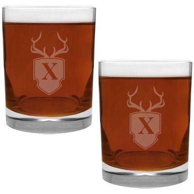 2 Piece Glass Set Engraved with Antler and Shield X-Letter Monogram, 13.5-Ounce