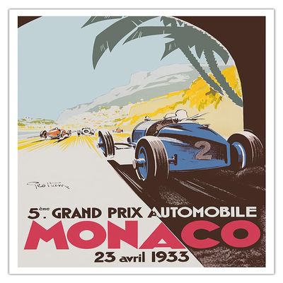 5th Grand Prix Monaco 1933 - Auto Racing - Vintage Sports Poster by Go Ham (Georges Hamel) c.1933 - Fine Art Matte Paper Print (Unframed) 16x20in