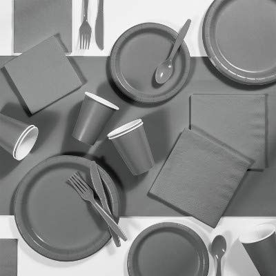 Glamour Gray Party Decorations, Color Disposable Plates, Napkins, Cups, and Cutlery for 24 People, Box of 245 Pieces