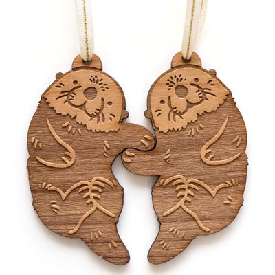 Otters Wood Christmas Tree Ornament Pair - Comes with 2 [Sea Otters for Him Her, Personalized Stocking Stuffers with Names for Mom Dad Kids, Made in The USA]