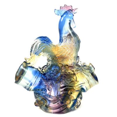 Amore Jewell Bamboo Blessing Peace & Fortune Rooster Standing on Bamboo Fengshui Decoration Ornament Gift for Home & Office (Liuli Crystal Glass)
