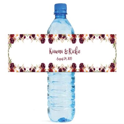 DesignThatSign Burgundy Flowers Water Bottle Labels, Great for Wedding, Birthday, Bridal Shower, Baby Shower, Engagement Party (100 Labels, 8"x2" Size)