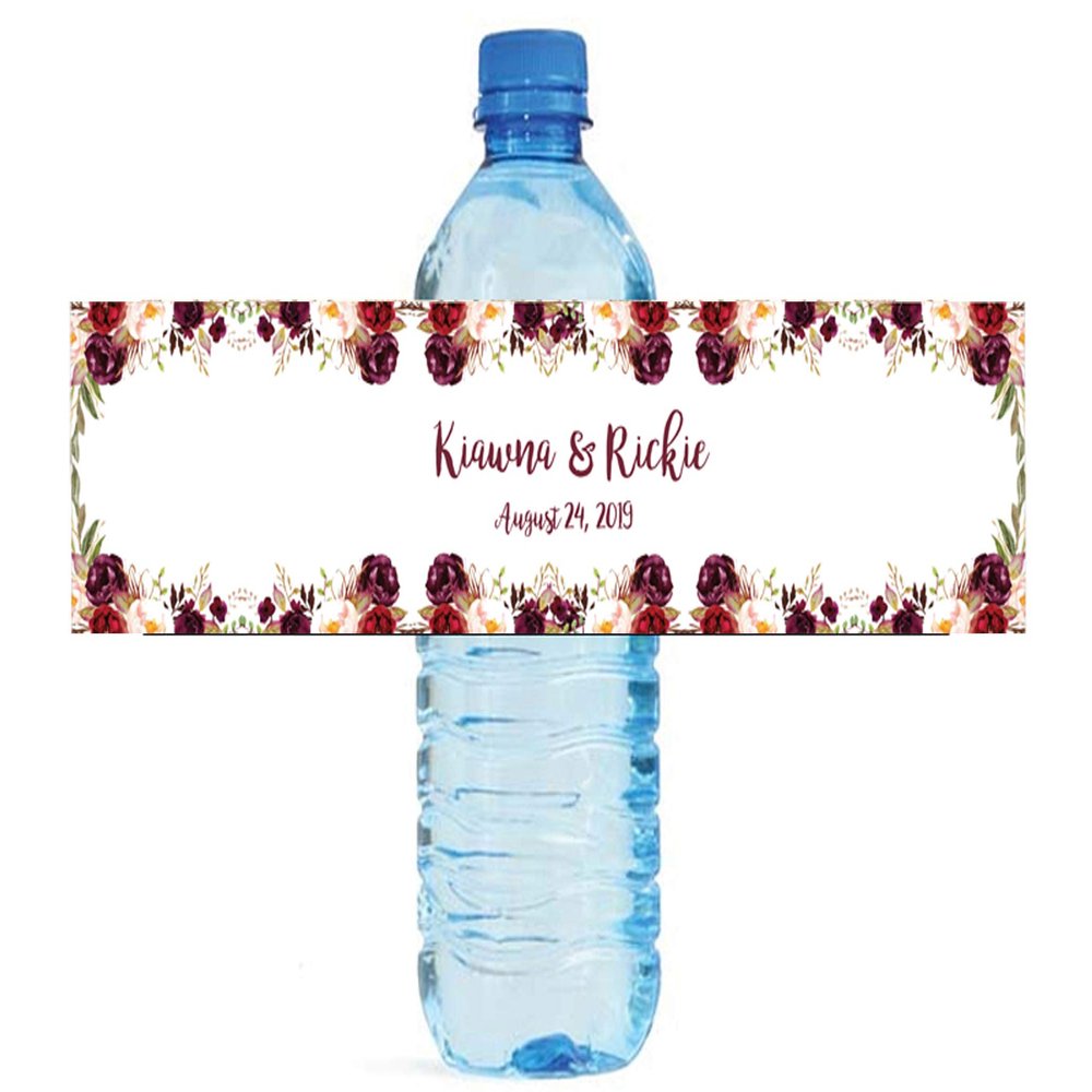 DesignThatSign Burgundy Flowers Water Bottle Labels, Great for Wedding, Birthday, Bridal Shower, Baby Shower, Engagement Party (100 Labels, 8"x2" Size)