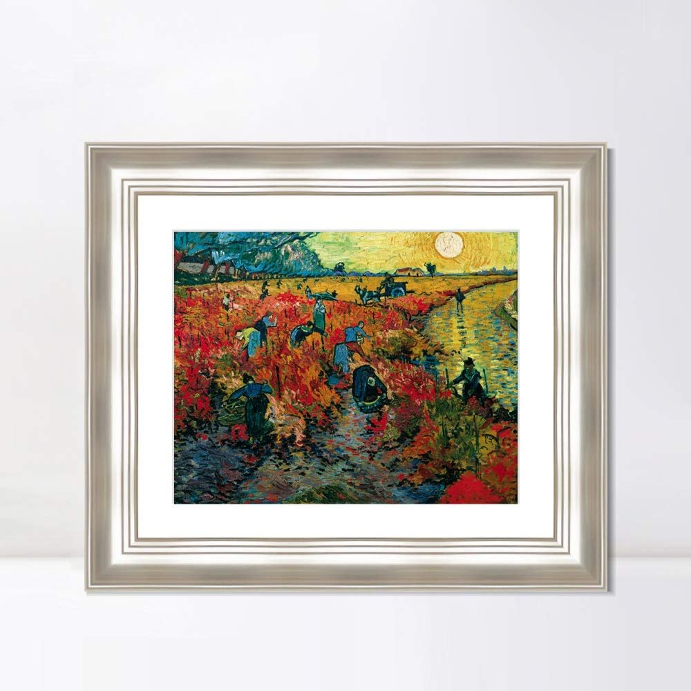 INVIN ART Framed Canvas Art Giclee Print Der rote Weinberg by Vincent Van Gogh(Classic Silver Frame with Mat,20"x24")