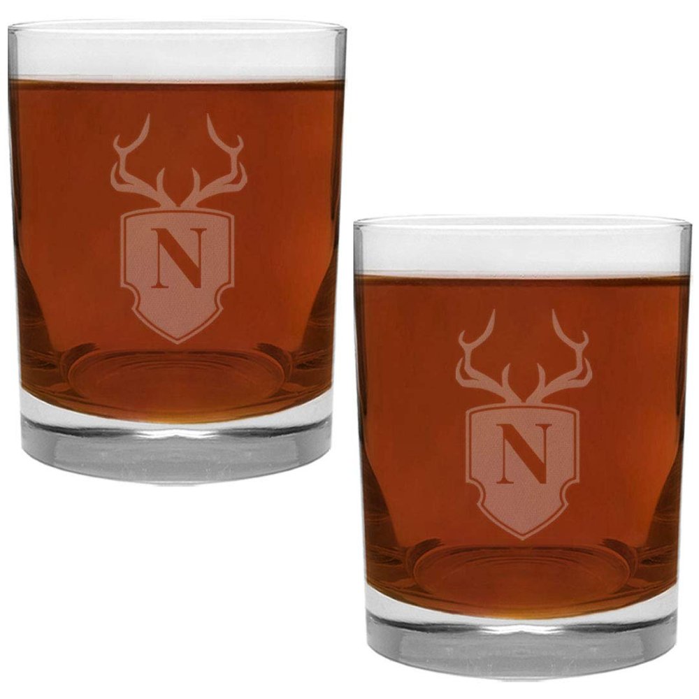 2 Piece Glass Set Engraved with Antler and Shield Letter N-Monogram, 13.5-Ounce