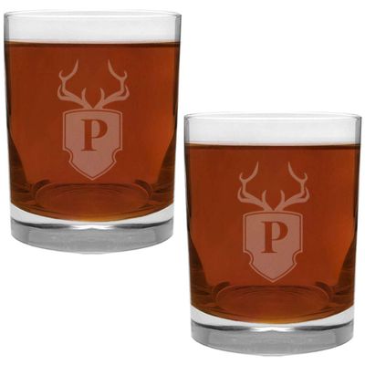 2 Piece Glass Set Engraved with Antler and Shield P-Letter Monogram, 13.5-Ounce