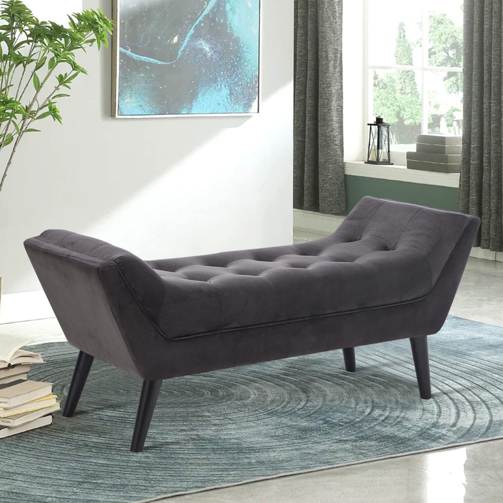 Apeaka Velvet Upholstered Tufted Ottoman Bench with Arms Bed Bench Modern Accent Bench for Entryway Bedroom Living Room with Wood Legs Dark Gray