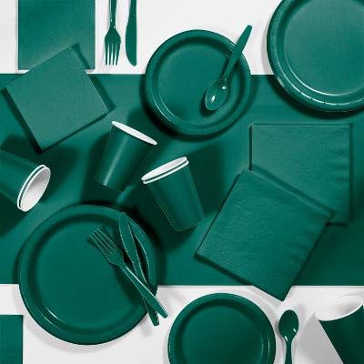 Hunter Green Party Decorations, Color Disposable Plates, Napkins, Cups, and Cutlery for 24 People, Box of 245 Pieces
