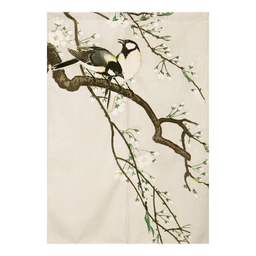 BAIHT HOME Japanese Noren Doorway Curtain Ink Painting Flower and Magpie Door Curtain Tapestry Room Divider with Tension Rod, 33 x 59 inches