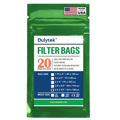 Dulytek Premium Nylon 20 Pcs Filter Bags, 160 Micron, 2.5" x 6.5", Double-Stitching, Zero Blowouts, Made in the USA