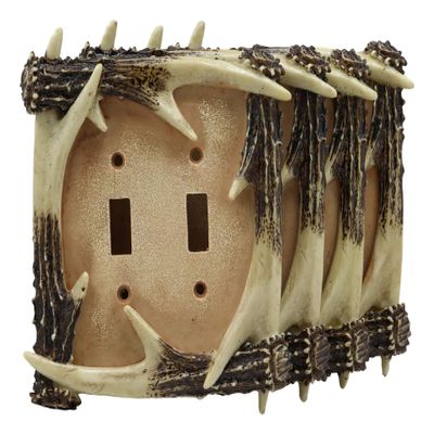 Ebros Set of 2 Novelty Woodland Rustic Forest Stag Deer Antlers Wall Electrical Cover Plate Accent Hand Painted Sculpted Antler Resin Home Decor Accessory (4, Double Toggle Switches)