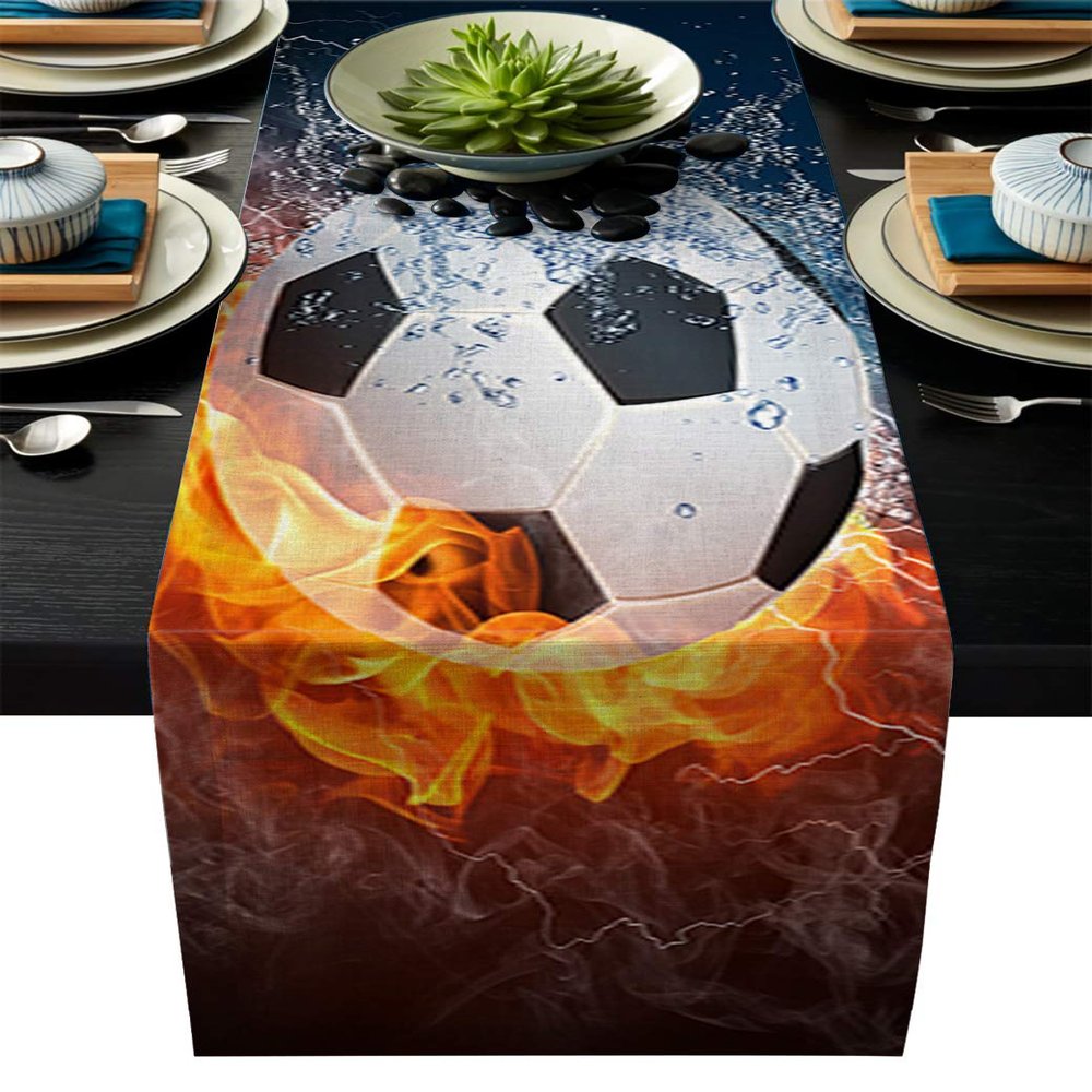 Table Runner for Kitchen Dining Room Supplies Fabric Decorations, Flame Football Sport Soccer 3D Printing Table Cloth for Wedding/Birthday Party/Baby Shower/Foyer,Non Slip Table Runners 13x70 Inch