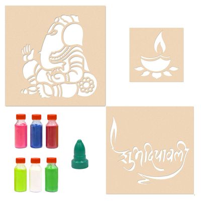 Incredible Gifts India Ganesha with Subh Deepawali Rangoli Stencils for Floor with Six Rangoli Colors (Wood, 30cmx30cm)