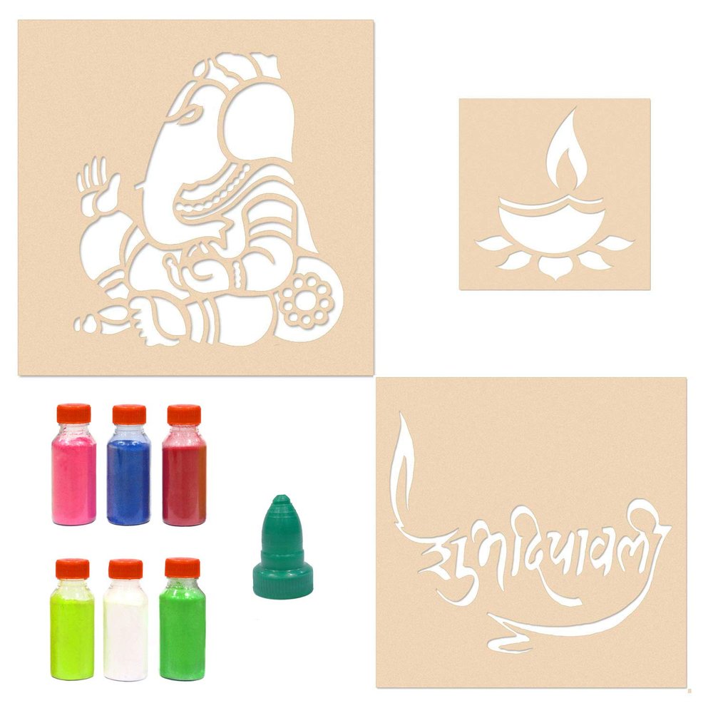 Incredible Gifts India Ganesha with Subh Deepawali Rangoli Stencils for Floor with Six Rangoli Colors (Wood, 30cmx30cm)