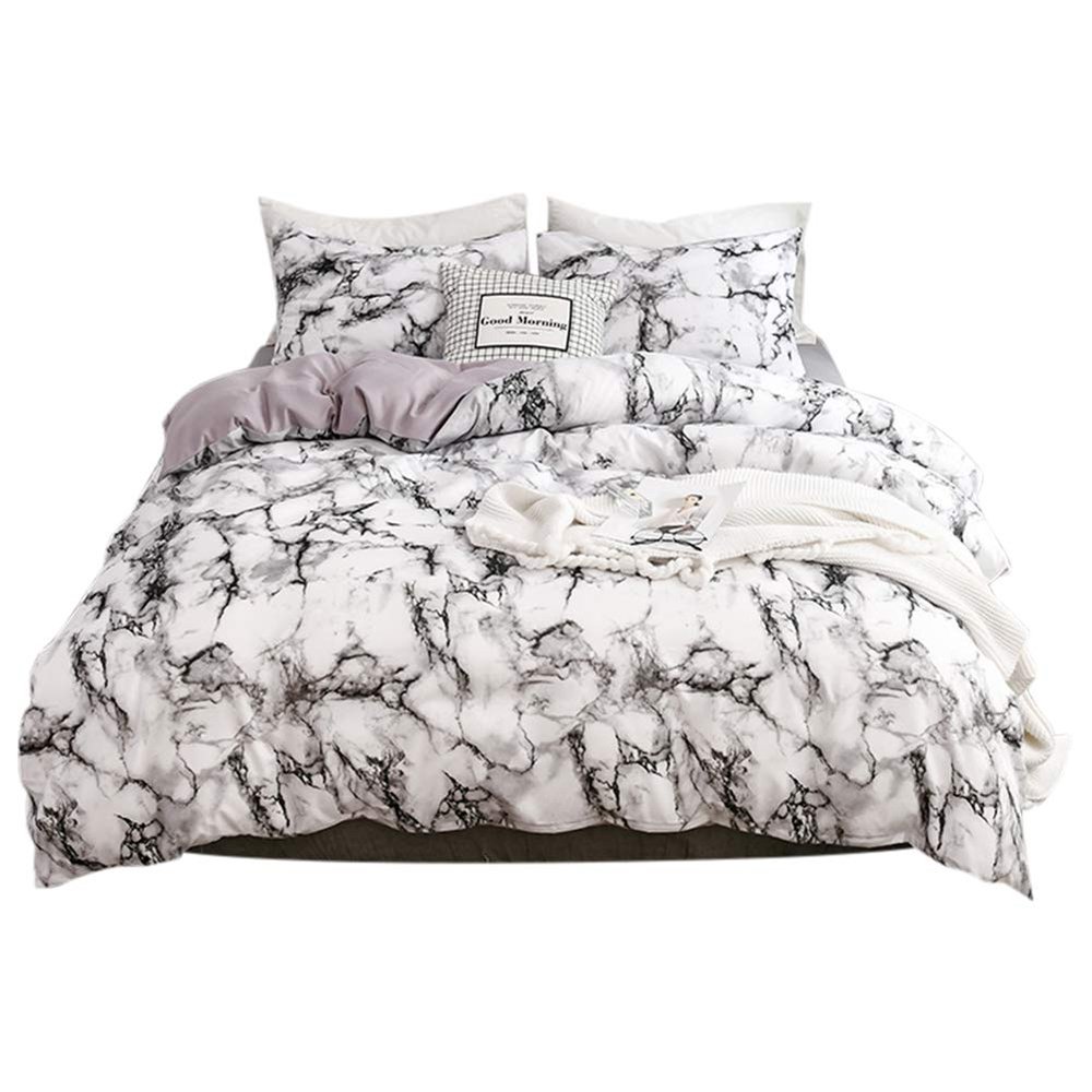 Marbled Print Bedding Sets,3Pcs Polyester Quilt Cover Pillowcase Bedding Det Cover Sets,1Quilt Cover +2Pillowcase, (White)