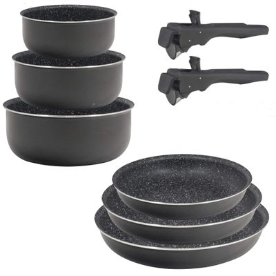 Bergner Set of 8 Click & Cook: 3 Pans 20/22/26 + 3 Pots/Saucepans 16/18/20 with 2 Click&Cook Handles, Pressed Aluminium