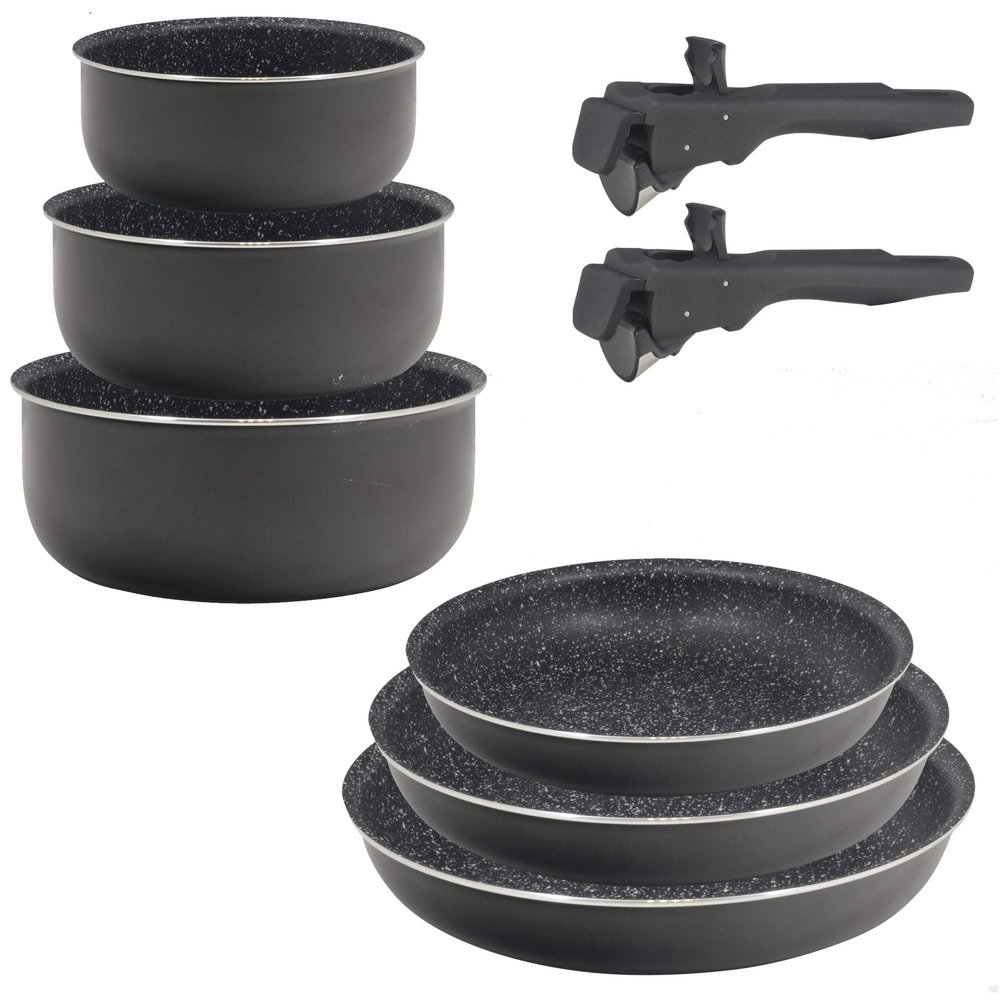 Bergner Set of 8 Click & Cook: 3 Pans 20/22/26 + 3 Pots/Saucepans 16/18/20 with 2 Click&Cook Handles, Pressed Aluminium