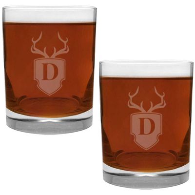 2 Piece Glass Set Engraved with Antler and Shield D-Letter Monogram, 13.5-Ounce