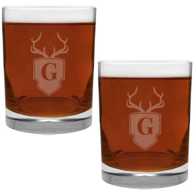 2 Piece Glass Set Engraved with Antler and Shield G-Letter Monogram, 13.5-Ounce