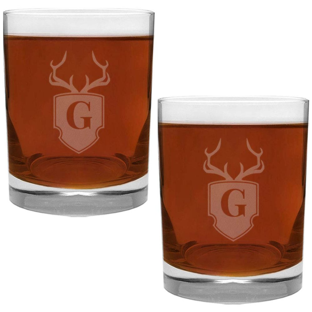 2 Piece Glass Set Engraved with Antler and Shield G-Letter Monogram, 13.5-Ounce