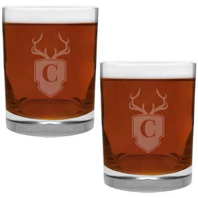 2 Piece Glass Set Engraved with Antler and Shield C-Letter Monogram, 13.5-Ounce