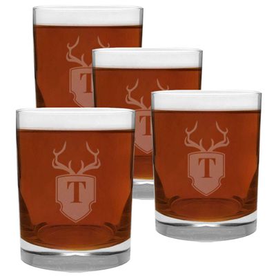 4 Piece Glass Set Engraved with Antler and Shield T-Letter Monogram, 13.5-Ounce